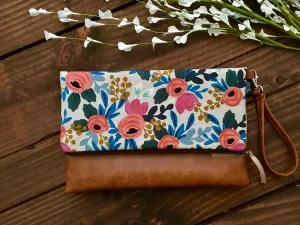 Fold Over Clutch - Coral Floral In Linen with Vegan Leather - Detachable Wristlet