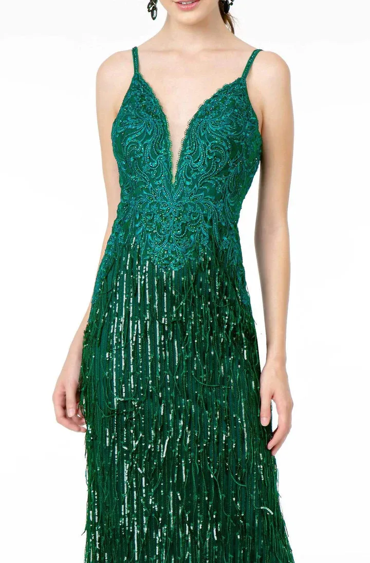 GLS BY GLORIA GL1824 Plunging Sequin Fringed Sheath Gown