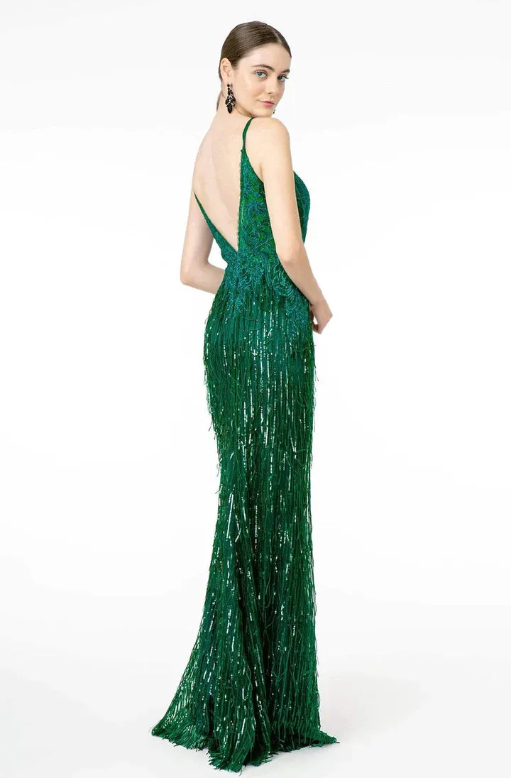 GLS BY GLORIA GL1824 Plunging Sequin Fringed Sheath Gown