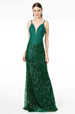 GLS BY GLORIA GL1824 Plunging Sequin Fringed Sheath Gown
