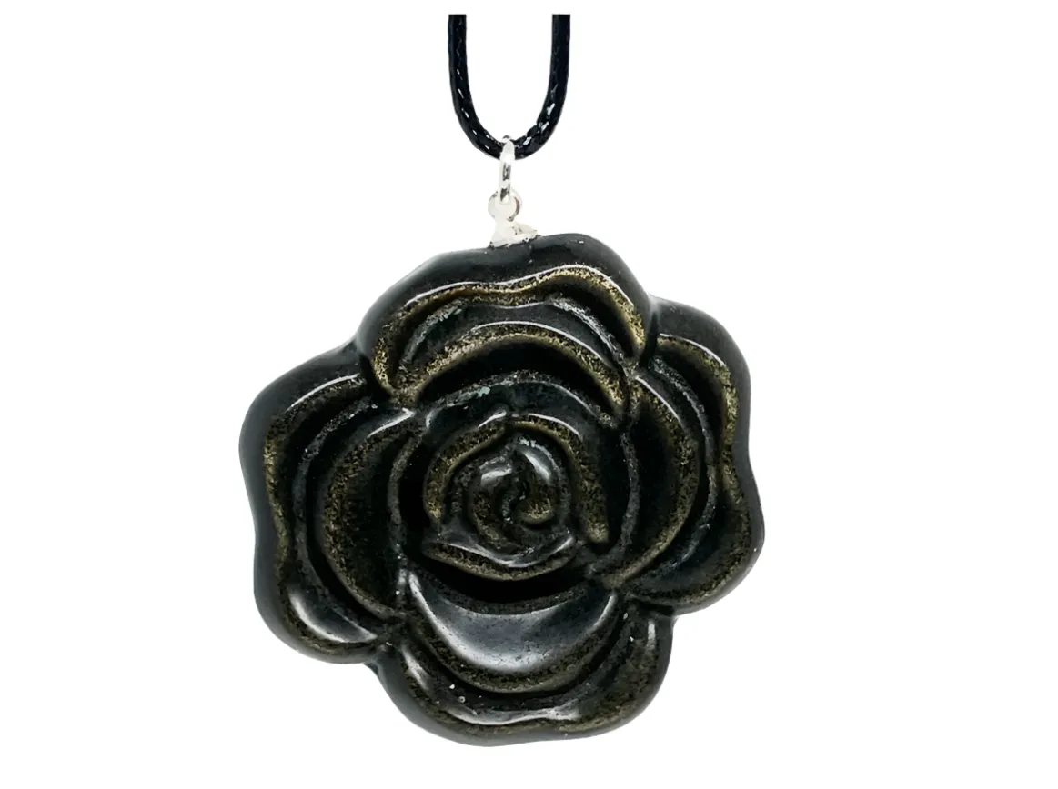 Golden Obsidian Crystal  Rose Pendant Necklace