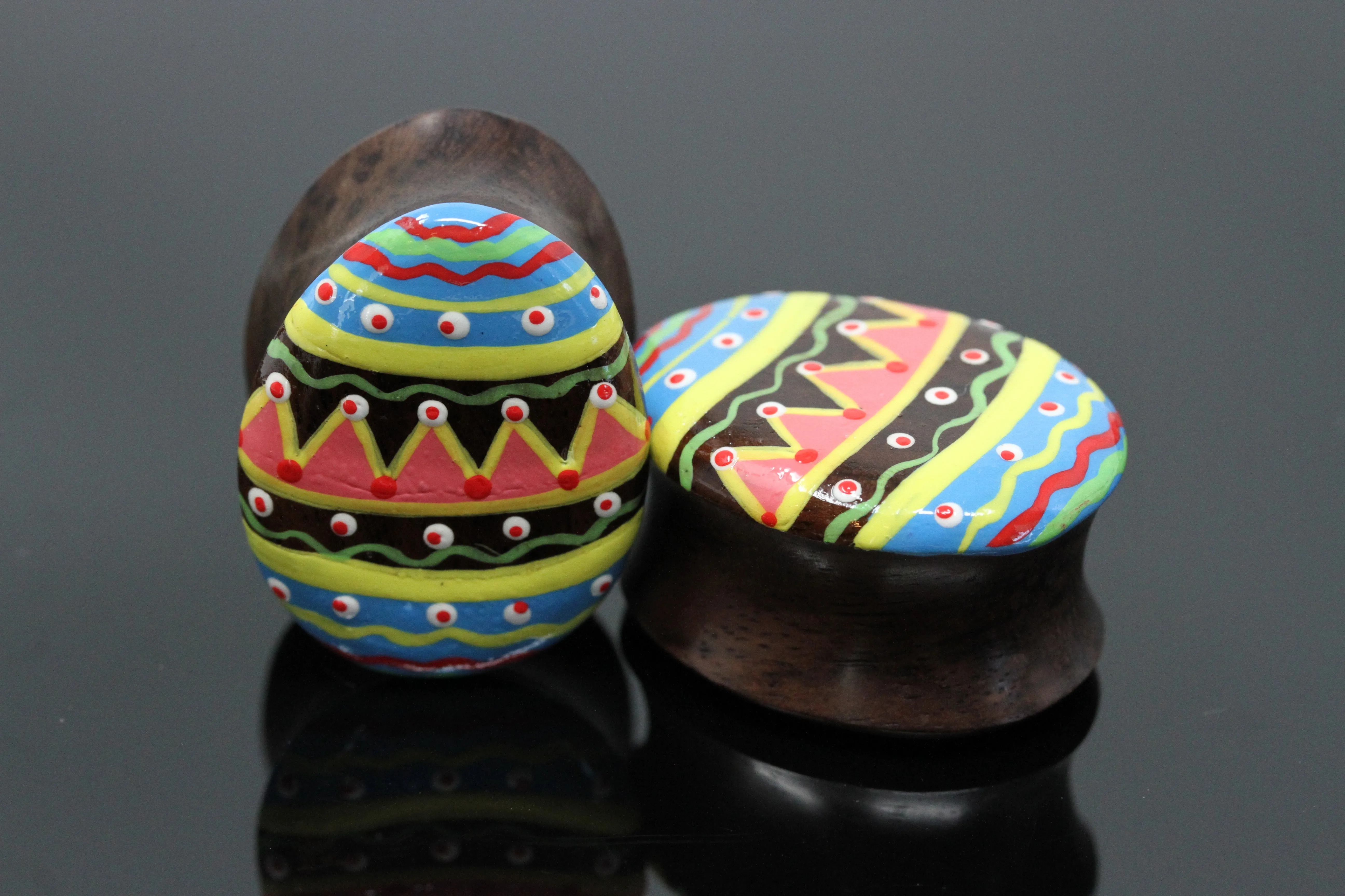Hand painted Egg shape Wood Plugs - Dark Chocolate - (Pair) - PA134