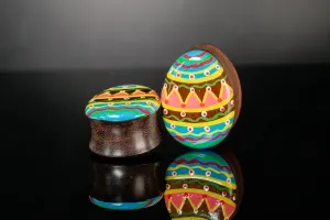Hand painted Egg shape Wood Plugs - Dark Chocolate - (Pair) - PA134