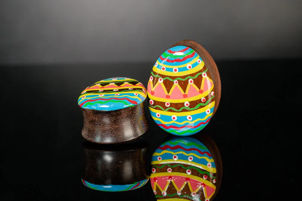 Hand painted Egg shape Wood Plugs - Dark Chocolate - (Pair) - PA134