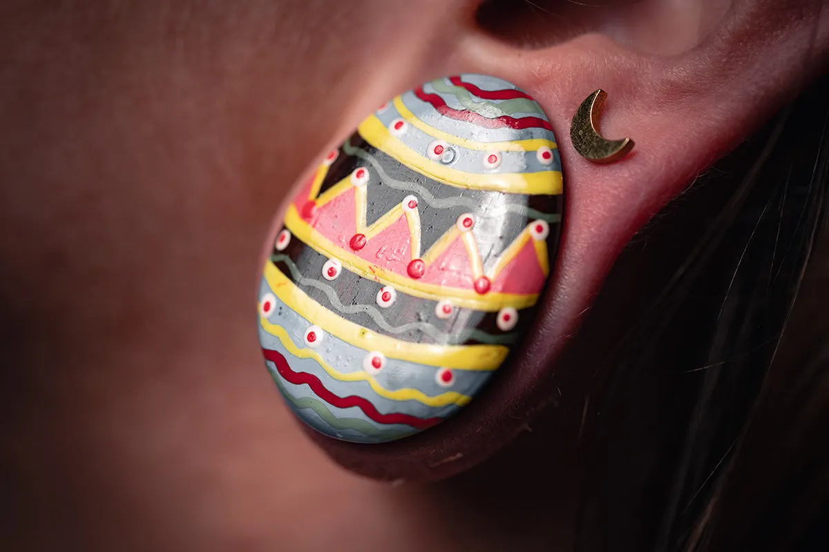 Hand painted Egg shape Wood Plugs - Dark Chocolate - (Pair) - PA134