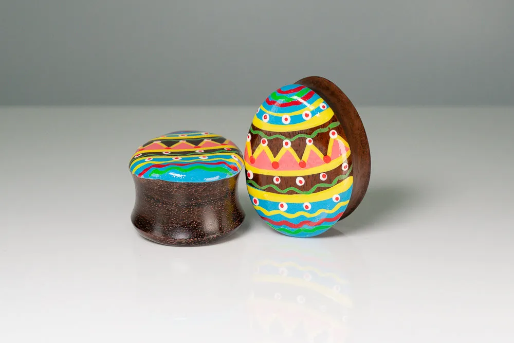 Hand painted Egg shape Wood Plugs - Dark Chocolate - (Pair) - PA134