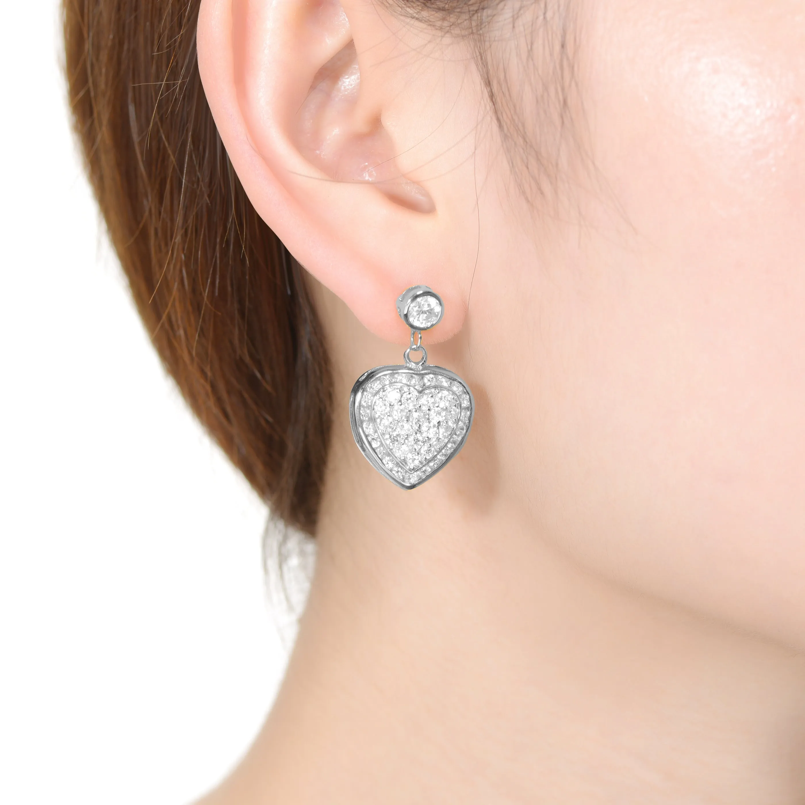Heart-Shaped Sterling Silver Cubic Zirconia Drop Earrings