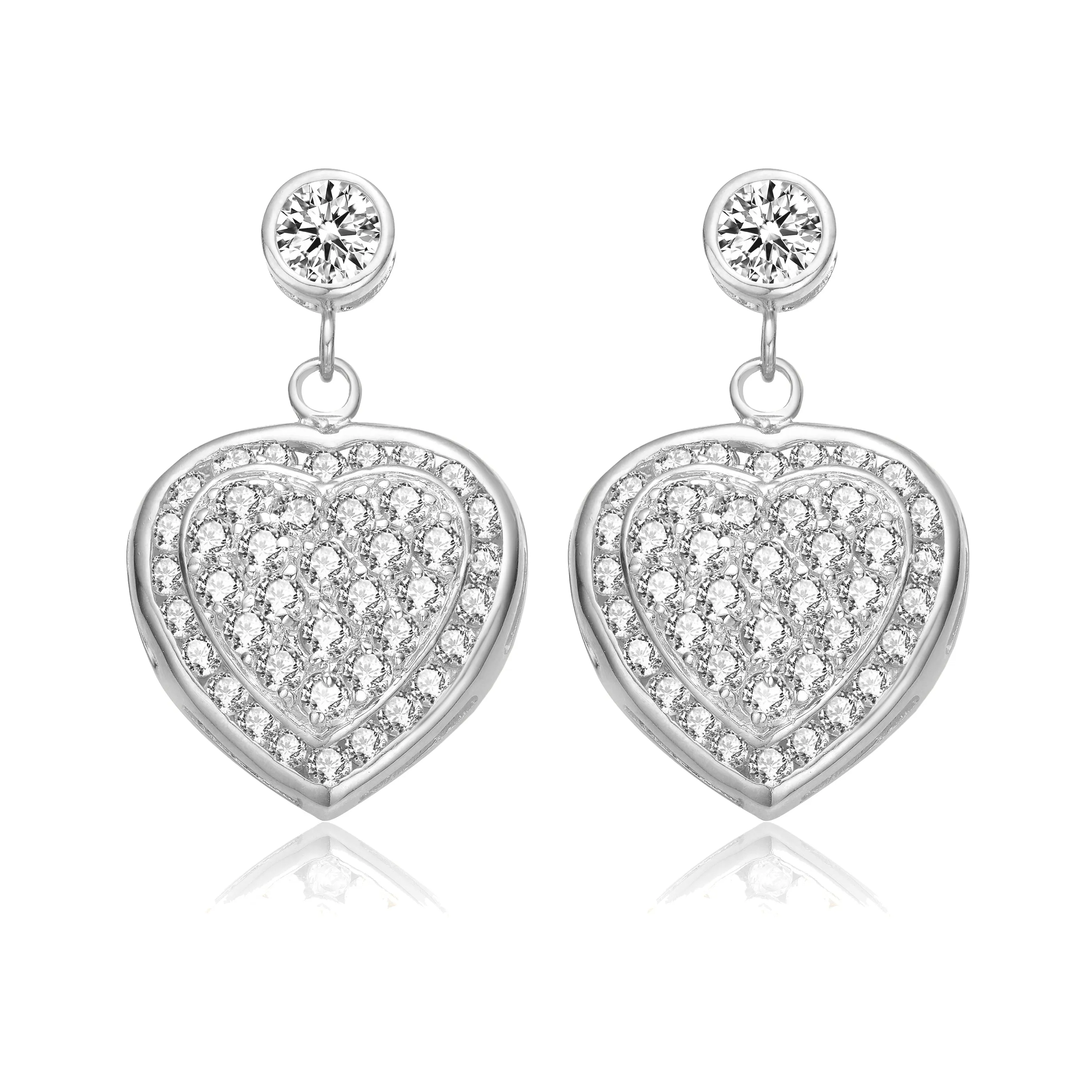 Heart-Shaped Sterling Silver Cubic Zirconia Drop Earrings