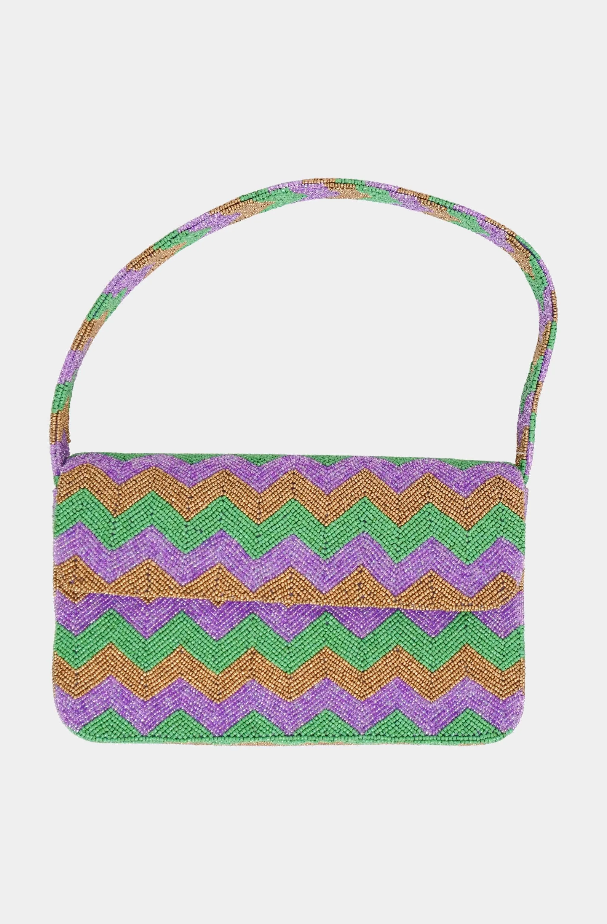 Hemline Exclusive Mardi Gras Chevron Shoulder Beaded Bag