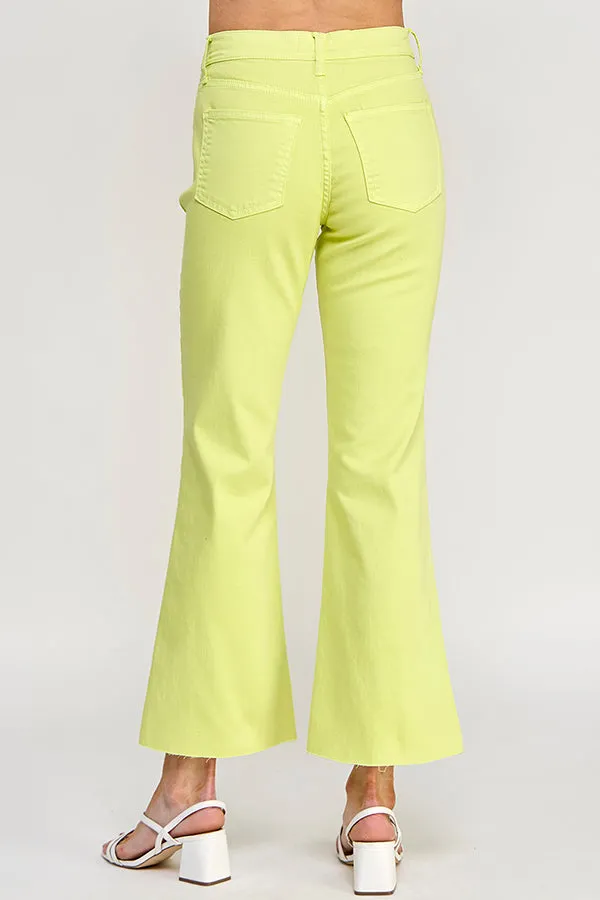 HIGH RISE KICK FLARE JEANS WITH RAW CUT HEM IN SUNNY LIME    /  SP-P11819SL