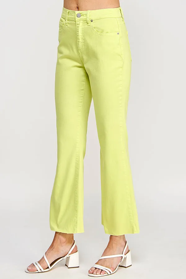 HIGH RISE KICK FLARE JEANS WITH RAW CUT HEM IN SUNNY LIME    /  SP-P11819SL