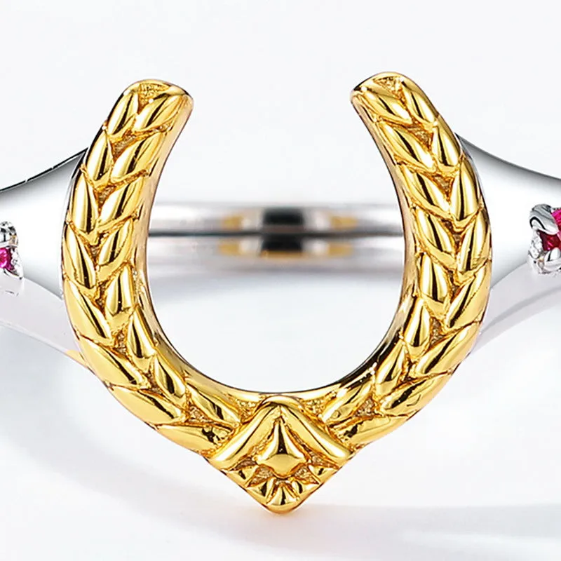 Horseshoe Shaped Olive Branch Red Corundum Opening Sterling Silver Ring