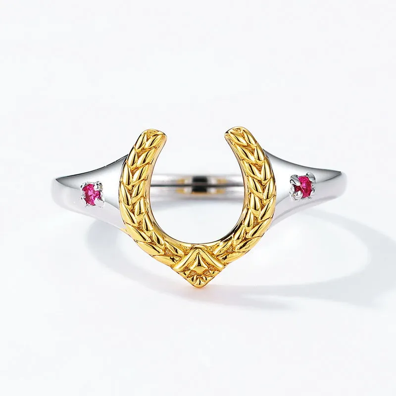 Horseshoe Shaped Olive Branch Red Corundum Opening Sterling Silver Ring
