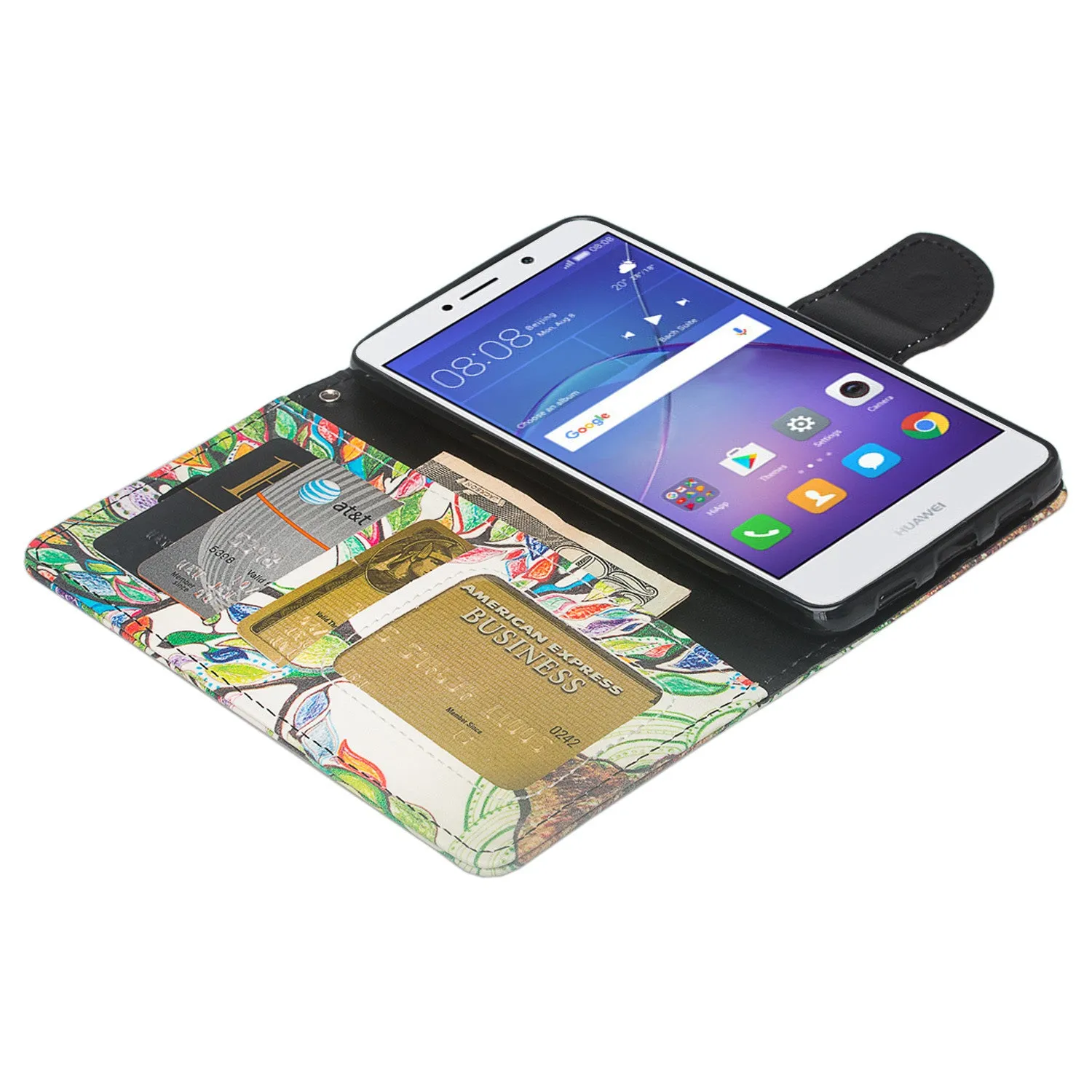 Huawei Mate 9 Lite, Honor 6X, GR5 2017  Wrist Strap Pu Leather Magnetic Flip Fold[Kickstand] Wallet Case with ID & Card Slots for Mate 9 Lite - Colorful Tree