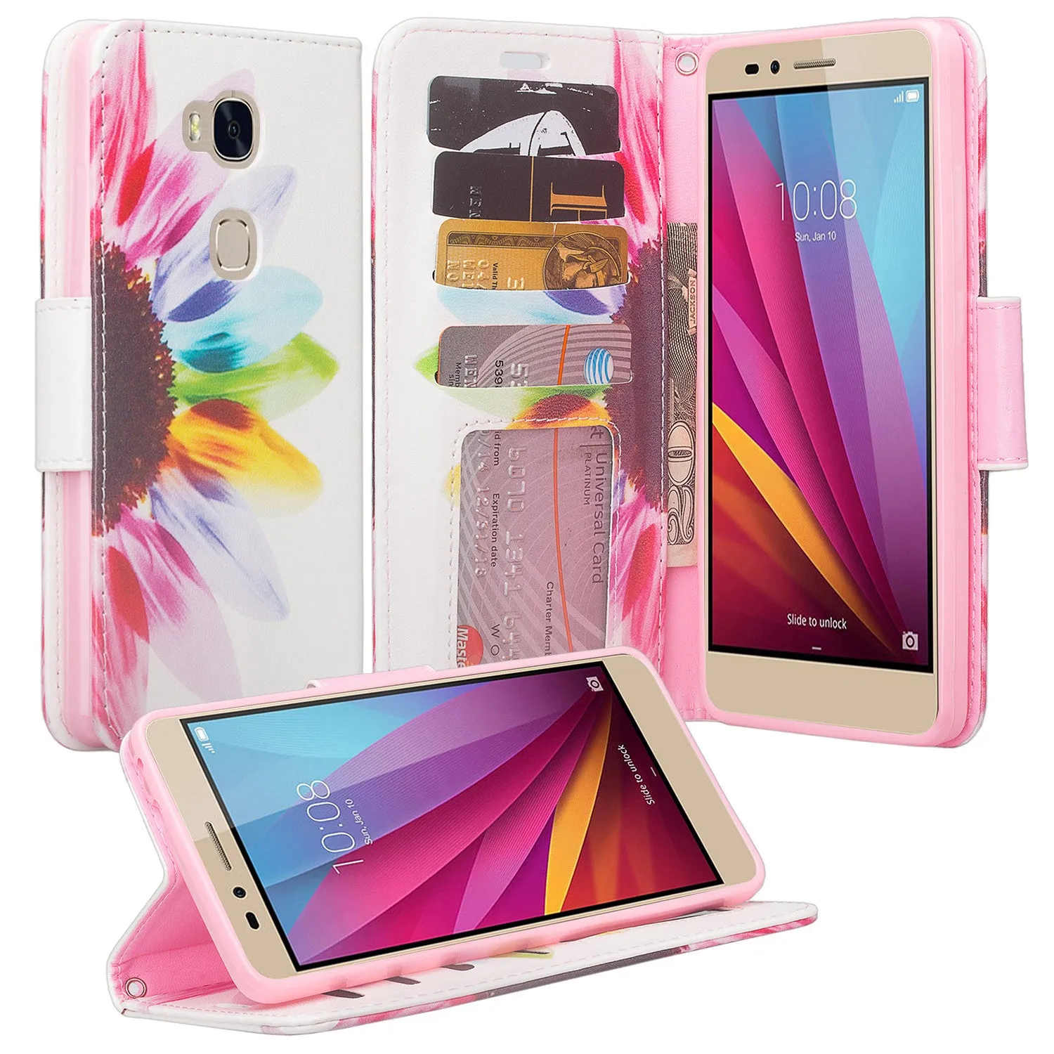 Huawei Sensa LTE Case, Wrist Strap Pu Leather Magnetic Fold[Kickstand] Wallet Case Cover with ID & Credit Card Slots for Huawei Sensa LTE - Vivid Sunflower