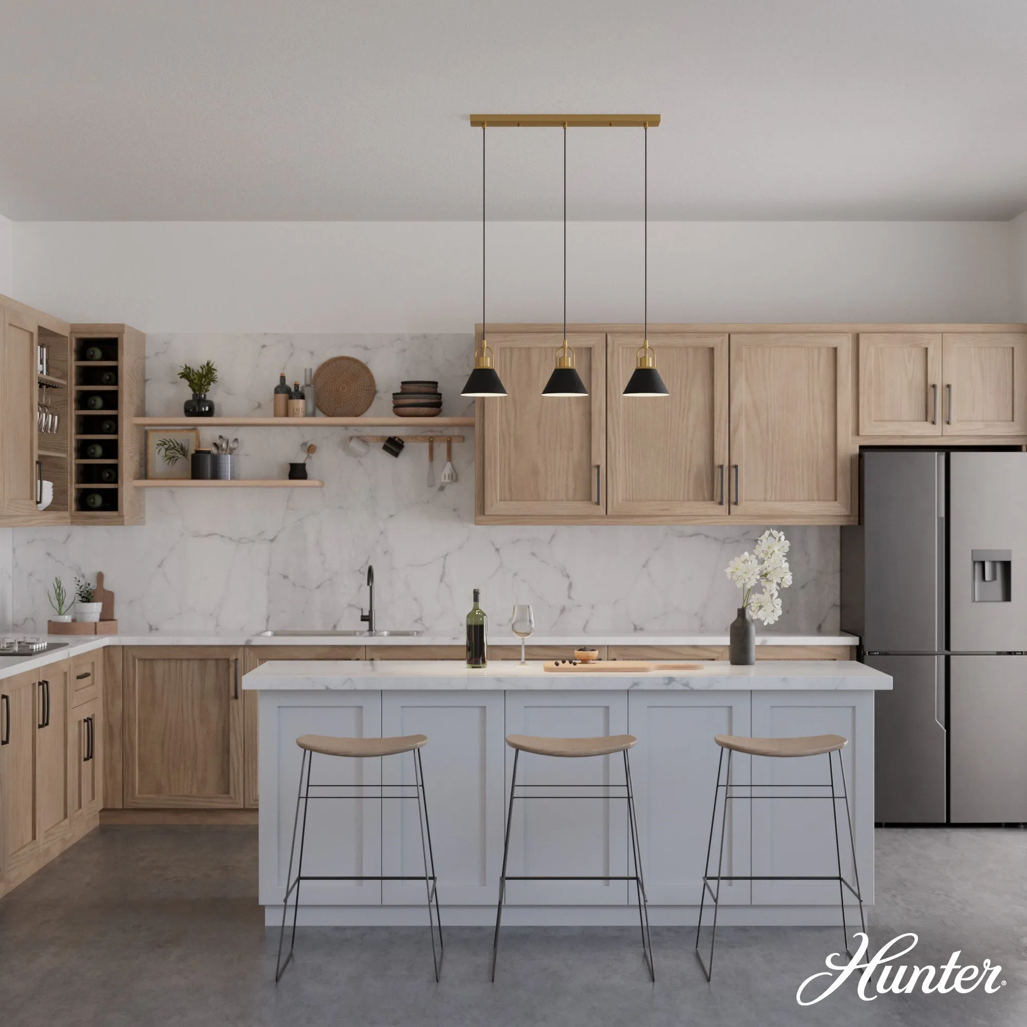 Hunter Carrington Isle Luxe Gold and Flat Matte Black 3 Light Pendant Cluster Ceiling Light Fixture - Jasmine Roth Collection