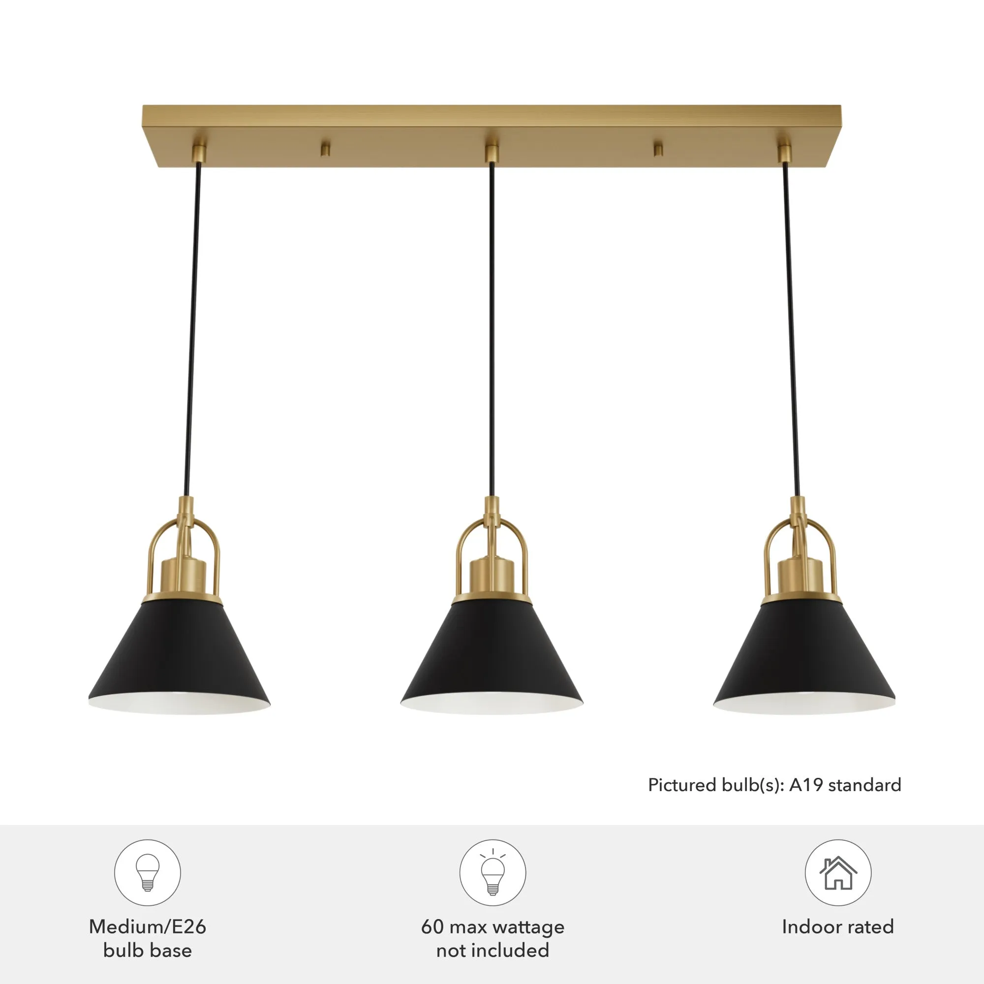 Hunter Carrington Isle Luxe Gold and Flat Matte Black 3 Light Pendant Cluster Ceiling Light Fixture - Jasmine Roth Collection
