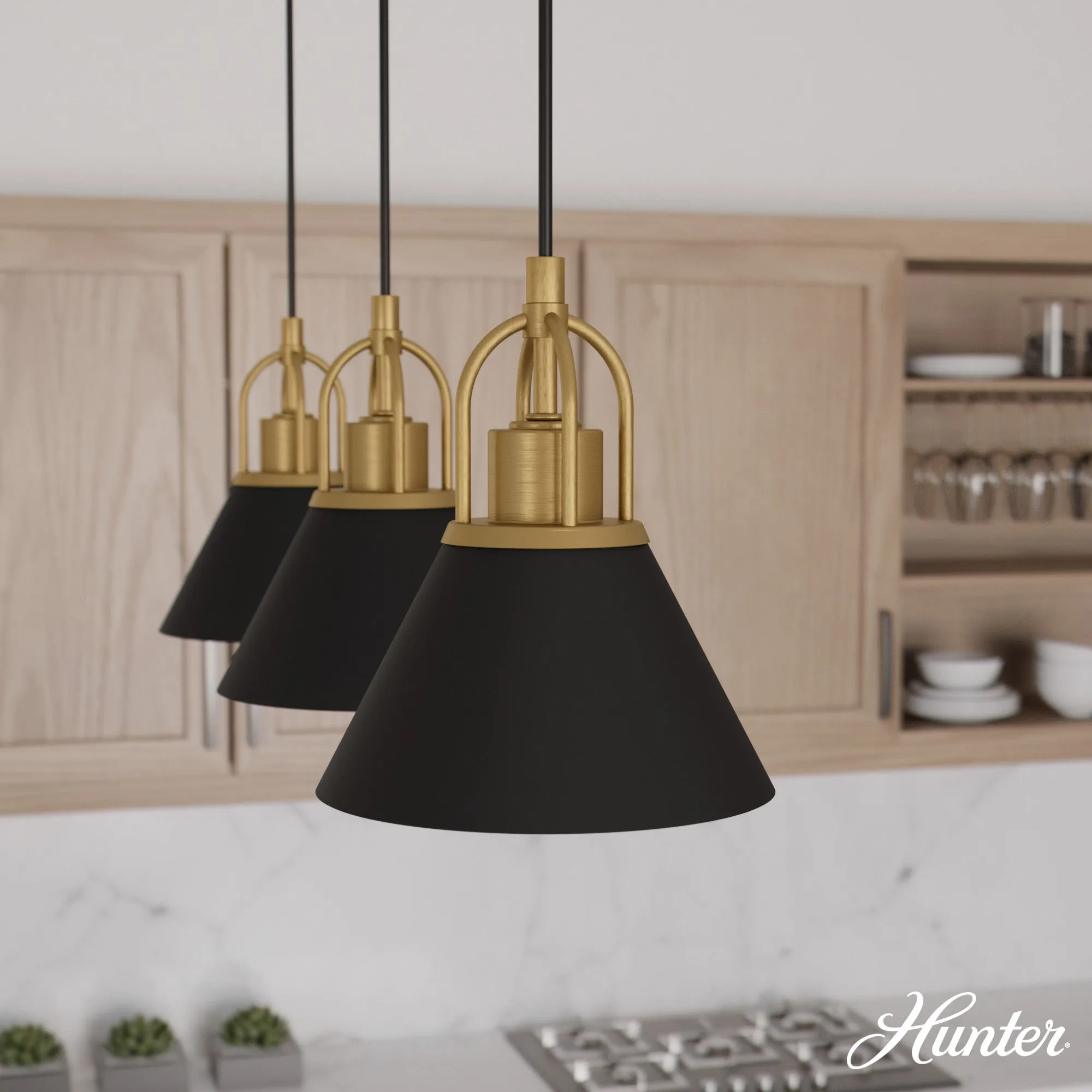 Hunter Carrington Isle Luxe Gold and Flat Matte Black 3 Light Pendant Cluster Ceiling Light Fixture - Jasmine Roth Collection