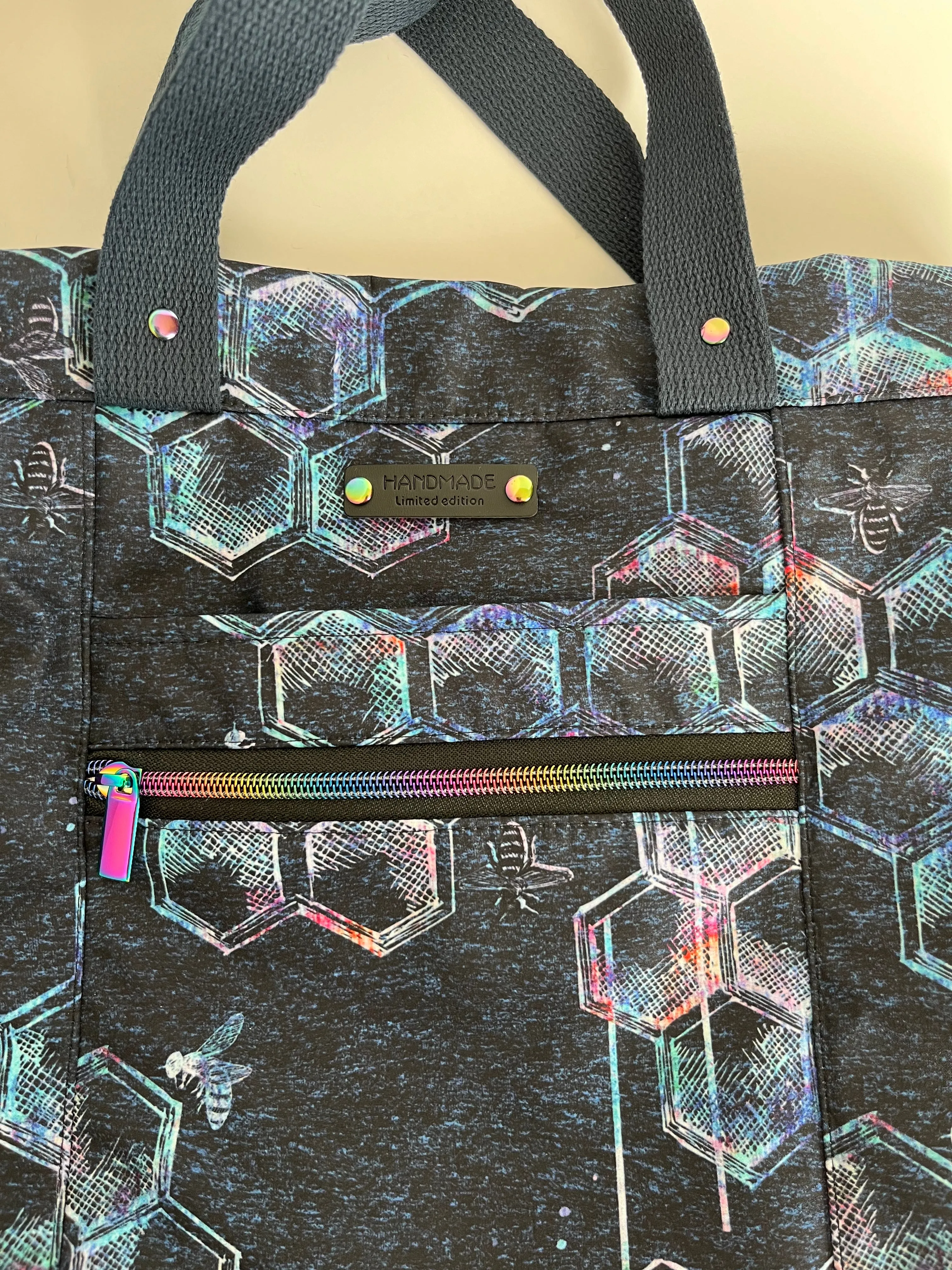 Iridescent Bee Print Water Resistant Tote Bag, Project Bag