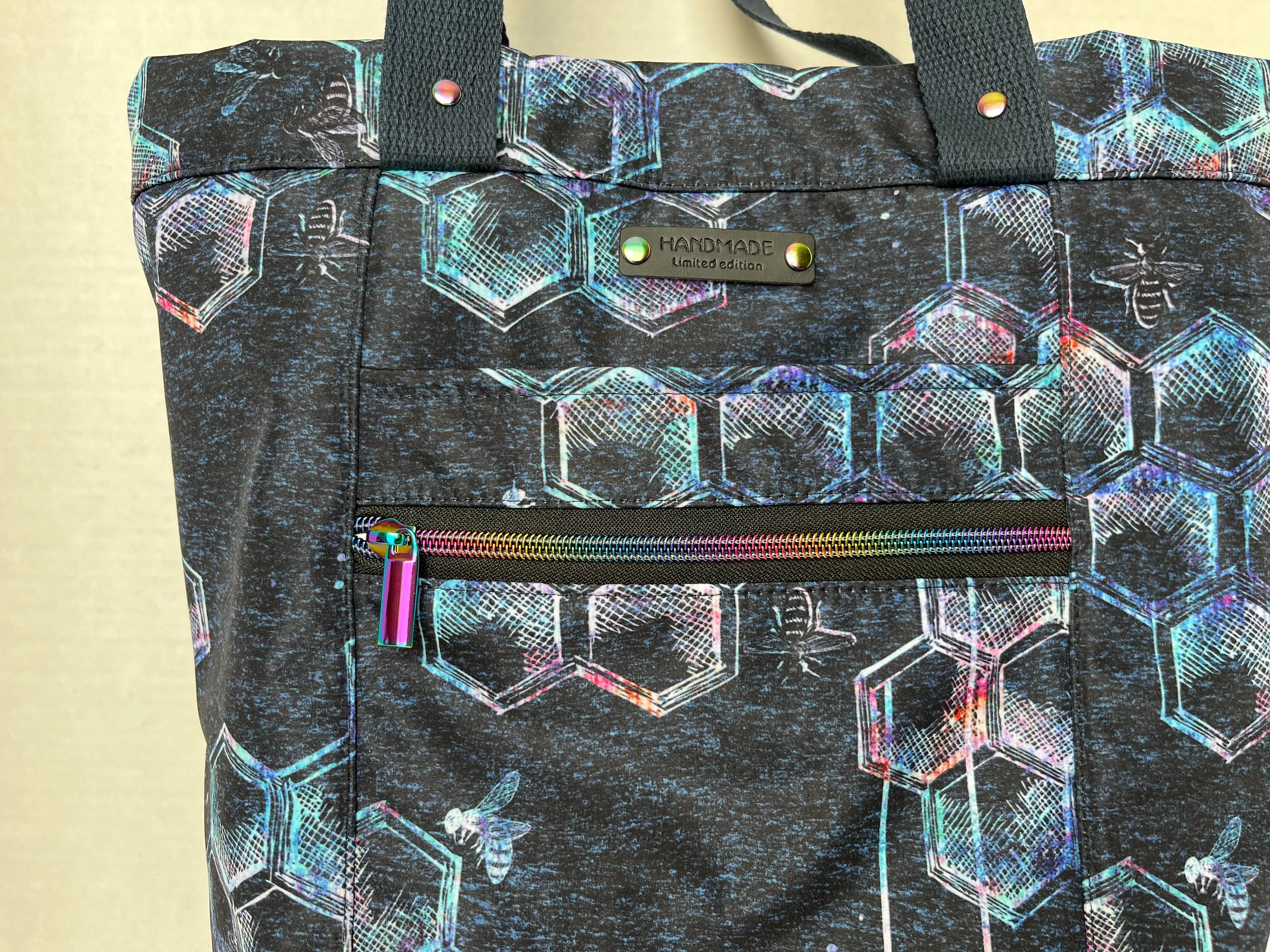 Iridescent Bee Print Water Resistant Tote Bag, Project Bag