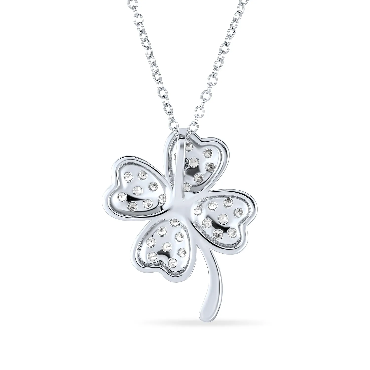 Irish Shamrock Four Leaf Clover Pendant Necklace in Sterling Silver with CZ Charm