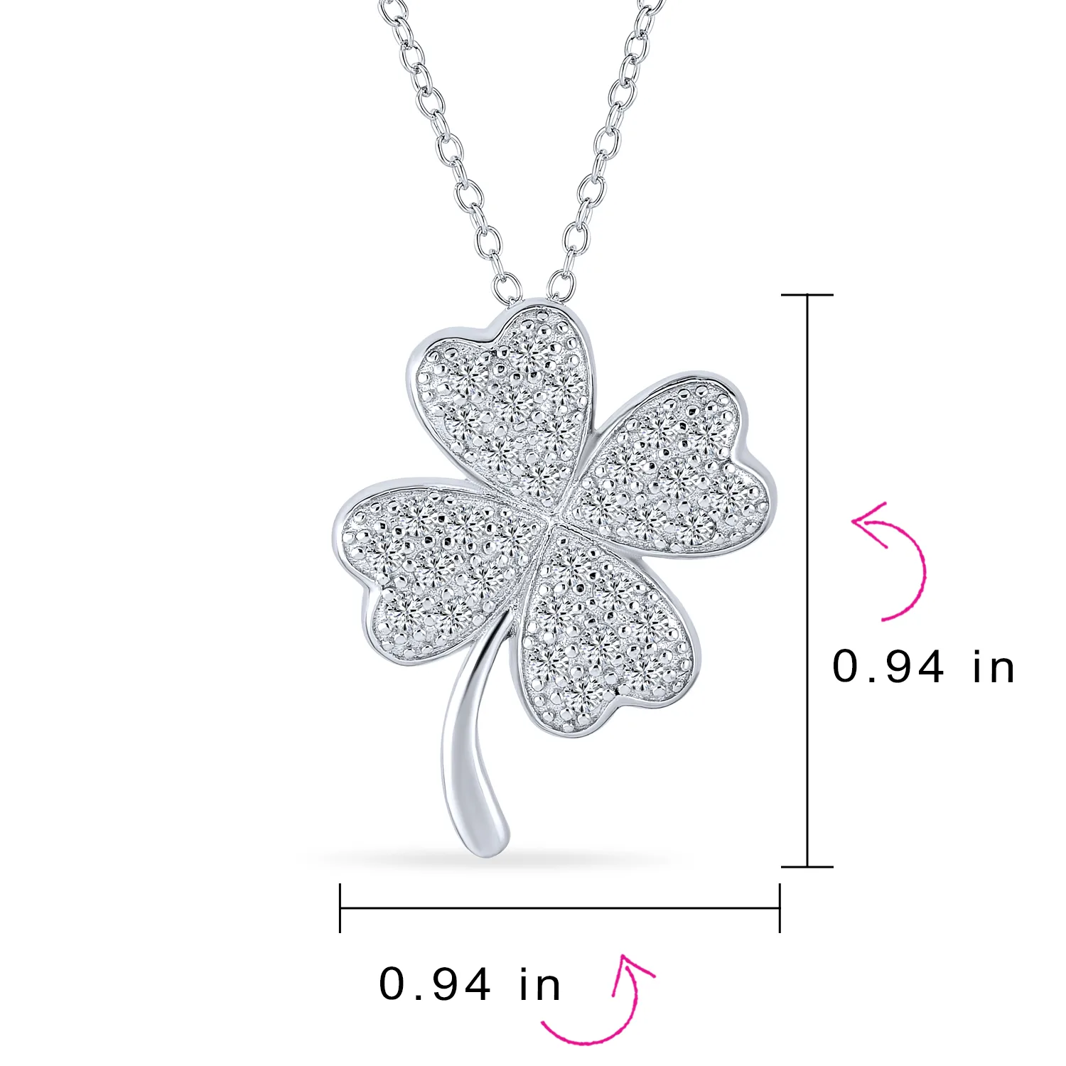 Irish Shamrock Four Leaf Clover Pendant Necklace in Sterling Silver with CZ Charm