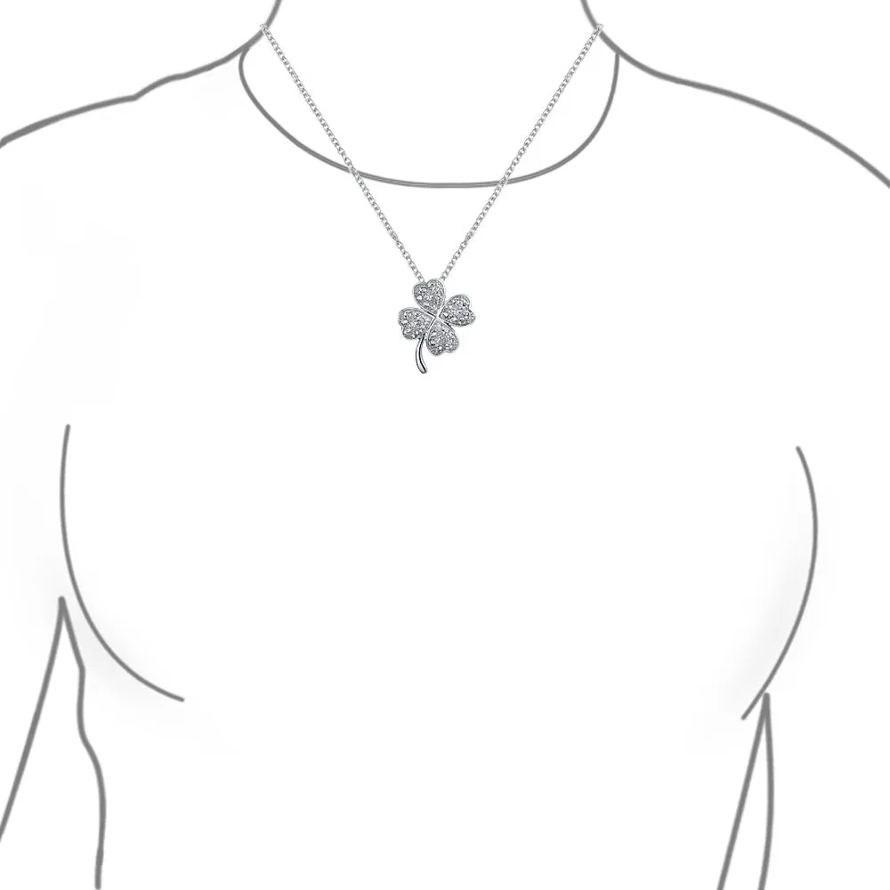 Irish Shamrock Four Leaf Clover Pendant Necklace in Sterling Silver with CZ Charm