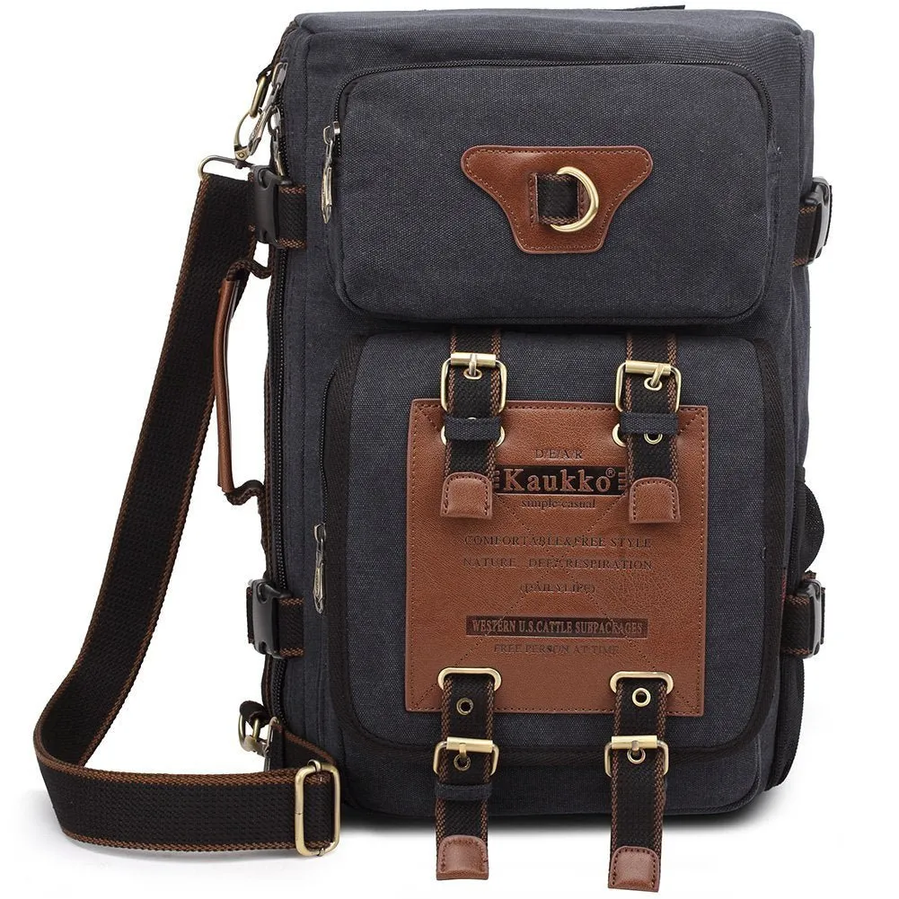 KAUKKO Retro Canvas Backpack Handbag Shoulder Bag Multi-purpose Outdoor Travel Men Backpack, 22L( black )