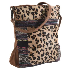 KB321 - KB321-MESSENGER Cheetah Print Real Cowhide Leather and Upcycled Canvas Ladies Bag 14 x 14 -