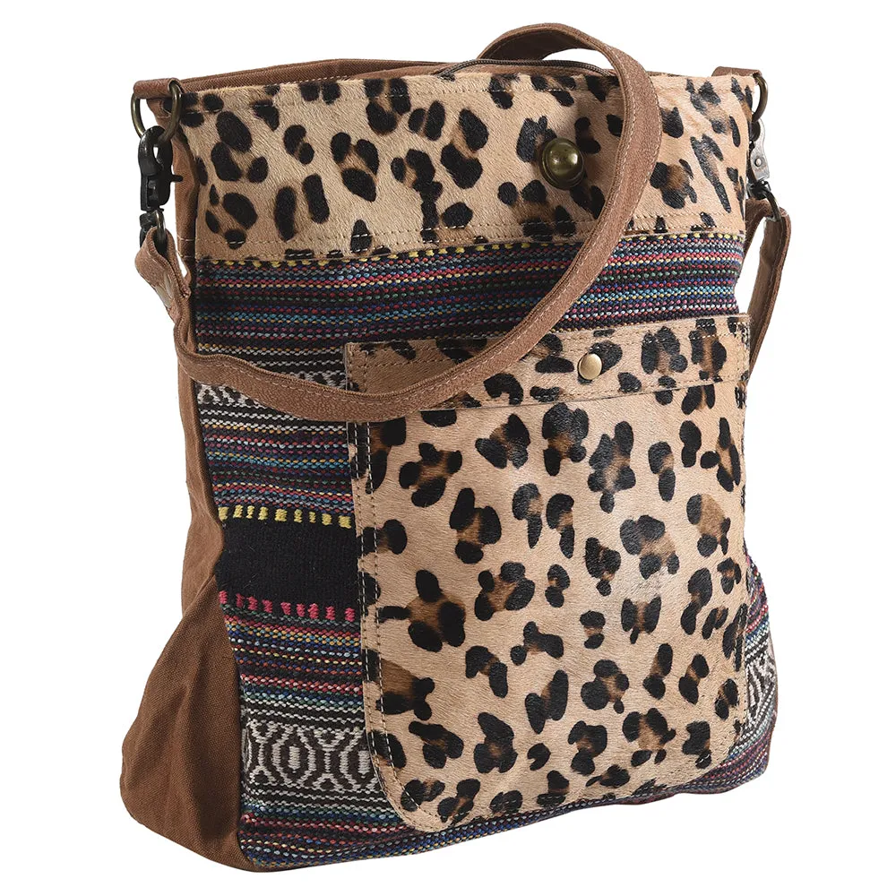 KB321 - KB321-MESSENGER Cheetah Print Real Cowhide Leather and Upcycled Canvas Ladies Bag 14 x 14 -