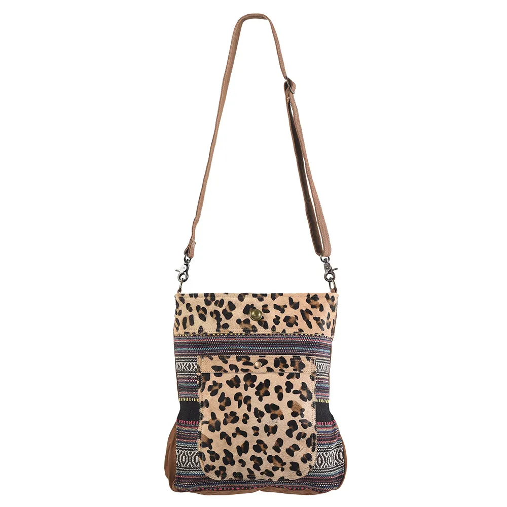 KB321 - KB321-MESSENGER Cheetah Print Real Cowhide Leather and Upcycled Canvas Ladies Bag 14 x 14 -