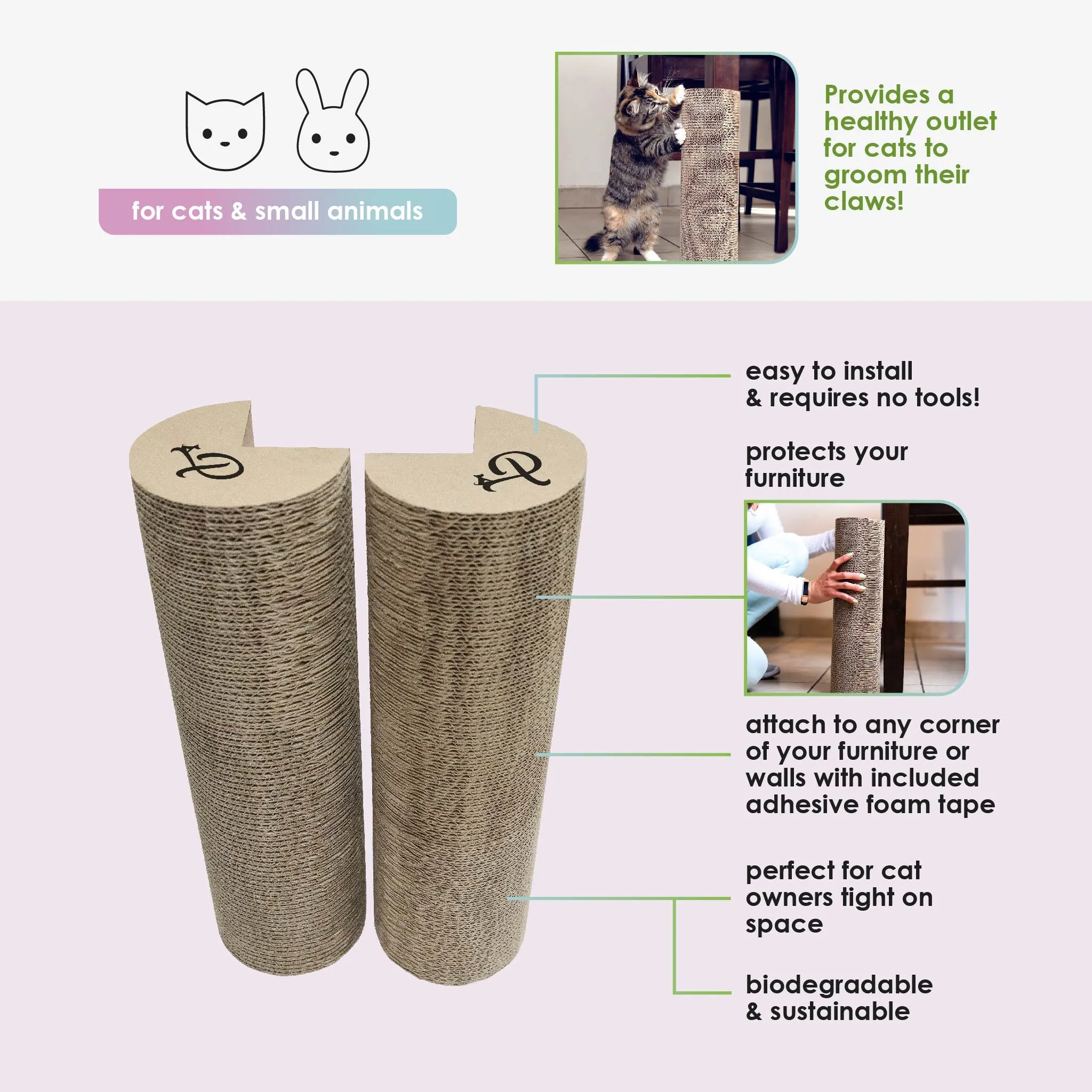 Kitty Corner Cat Scratching Post (2 Pieces): Eco-Friendly, Sustainable, Compostable, Non-Toxic, Double Stick Foam Tape Included, Durable Cardboard, Patented, for Cats