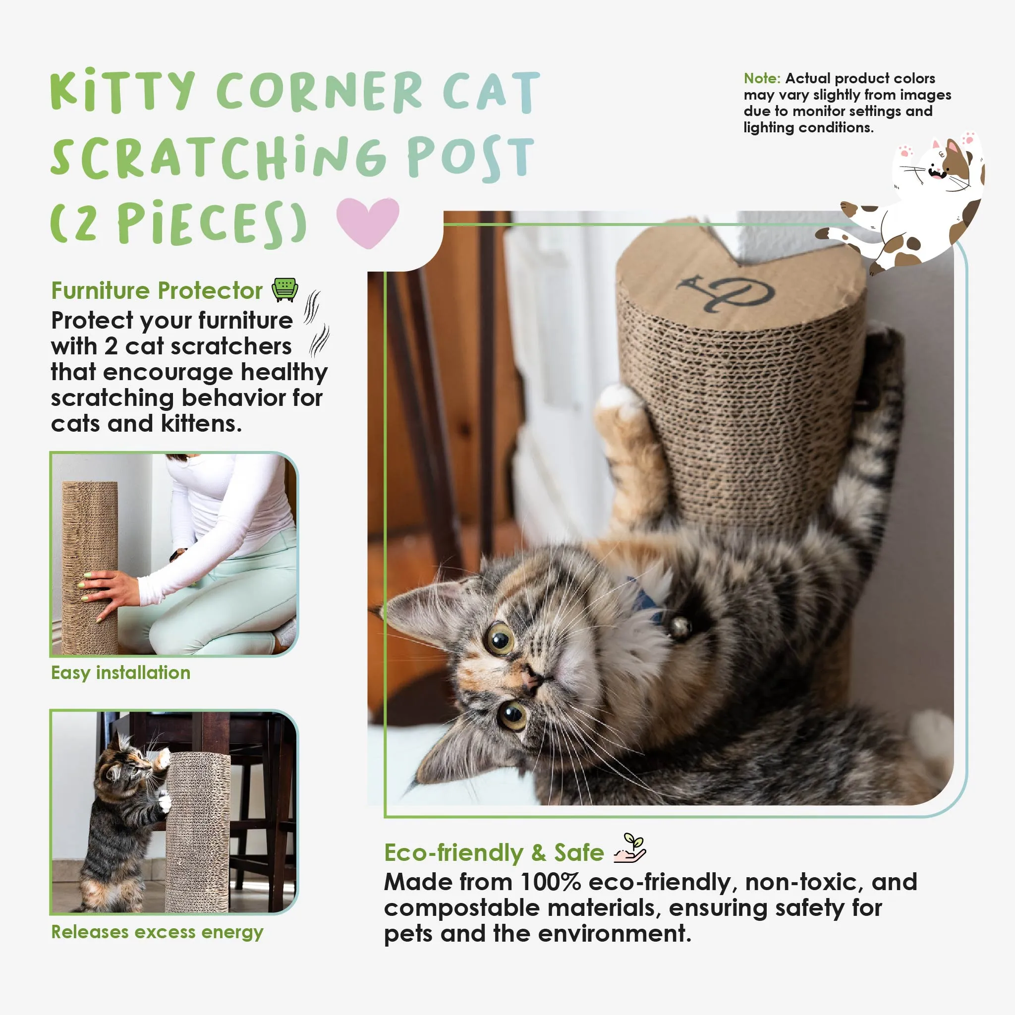 Kitty Corner Cat Scratching Post (2 Pieces): Eco-Friendly, Sustainable, Compostable, Non-Toxic, Double Stick Foam Tape Included, Durable Cardboard, Patented, for Cats