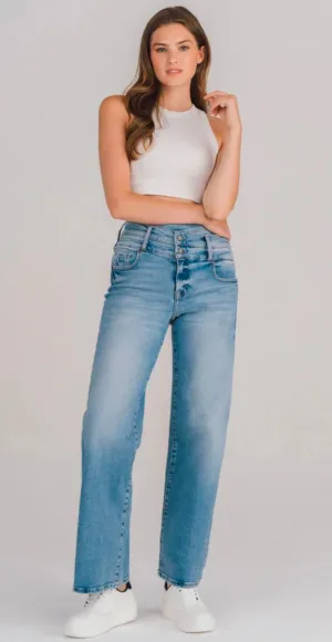 LOGAN] MEDIUM LIGHT DOUBLE CROSS OVER WAISTBAND STRETCH DAD JEAN