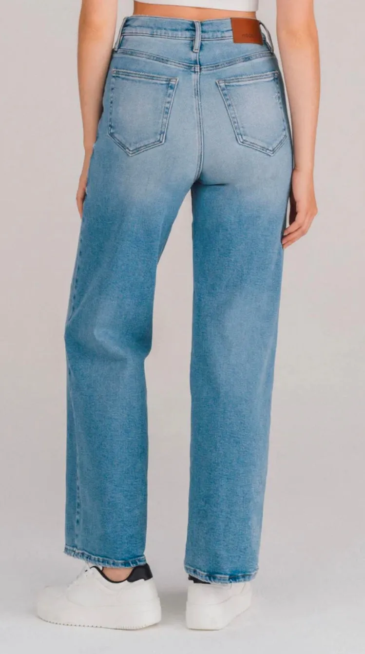 LOGAN] MEDIUM LIGHT DOUBLE CROSS OVER WAISTBAND STRETCH DAD JEAN