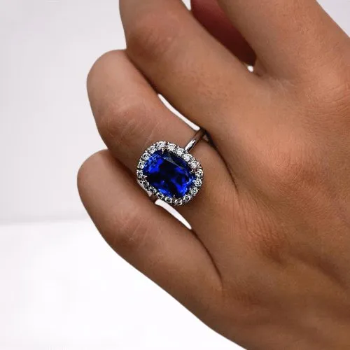Luxurious Halo Cushion Cut Blue Sapphire Engagement Ring