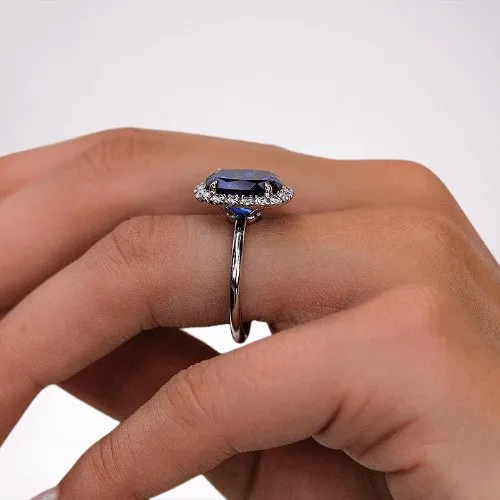 Luxurious Halo Cushion Cut Blue Sapphire Engagement Ring