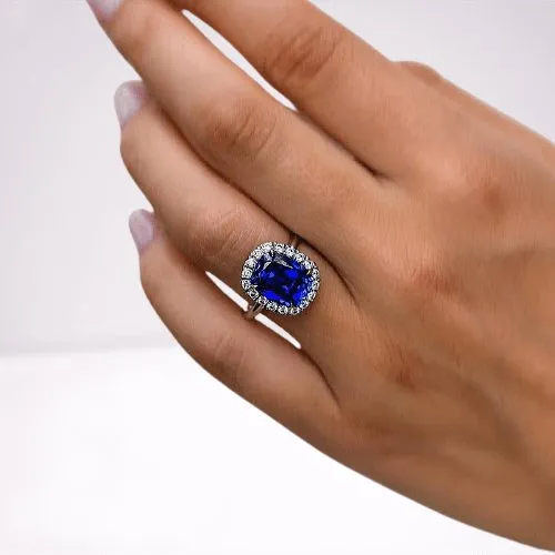 Luxurious Halo Cushion Cut Blue Sapphire Engagement Ring