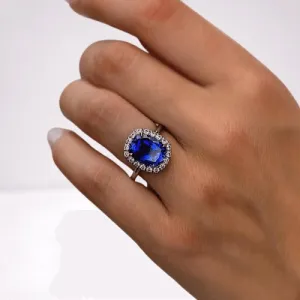 Luxurious Halo Cushion Cut Blue Sapphire Engagement Ring