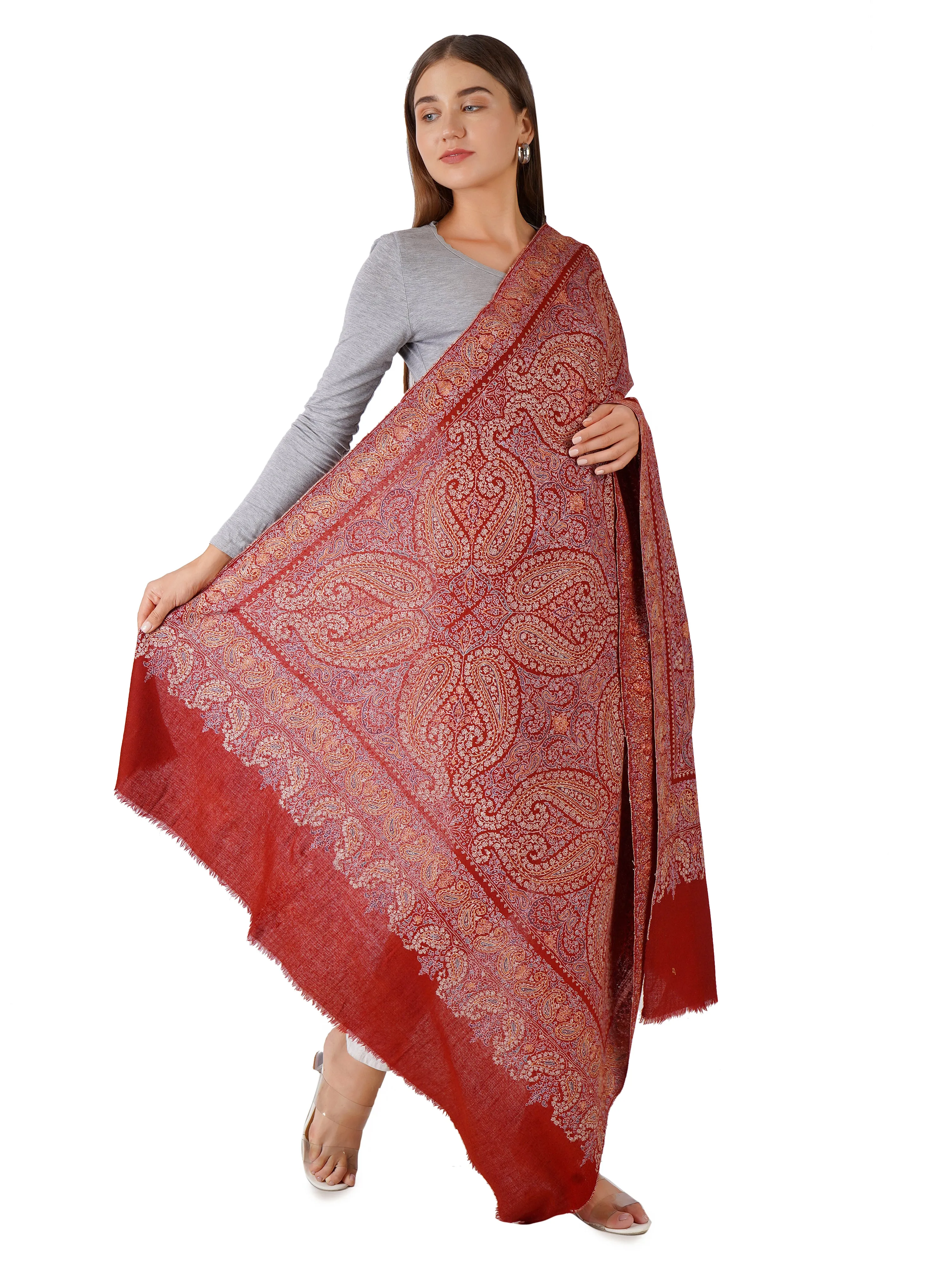 Luxurious Maroon Pashmina Shawl with Multicolour Embroidery