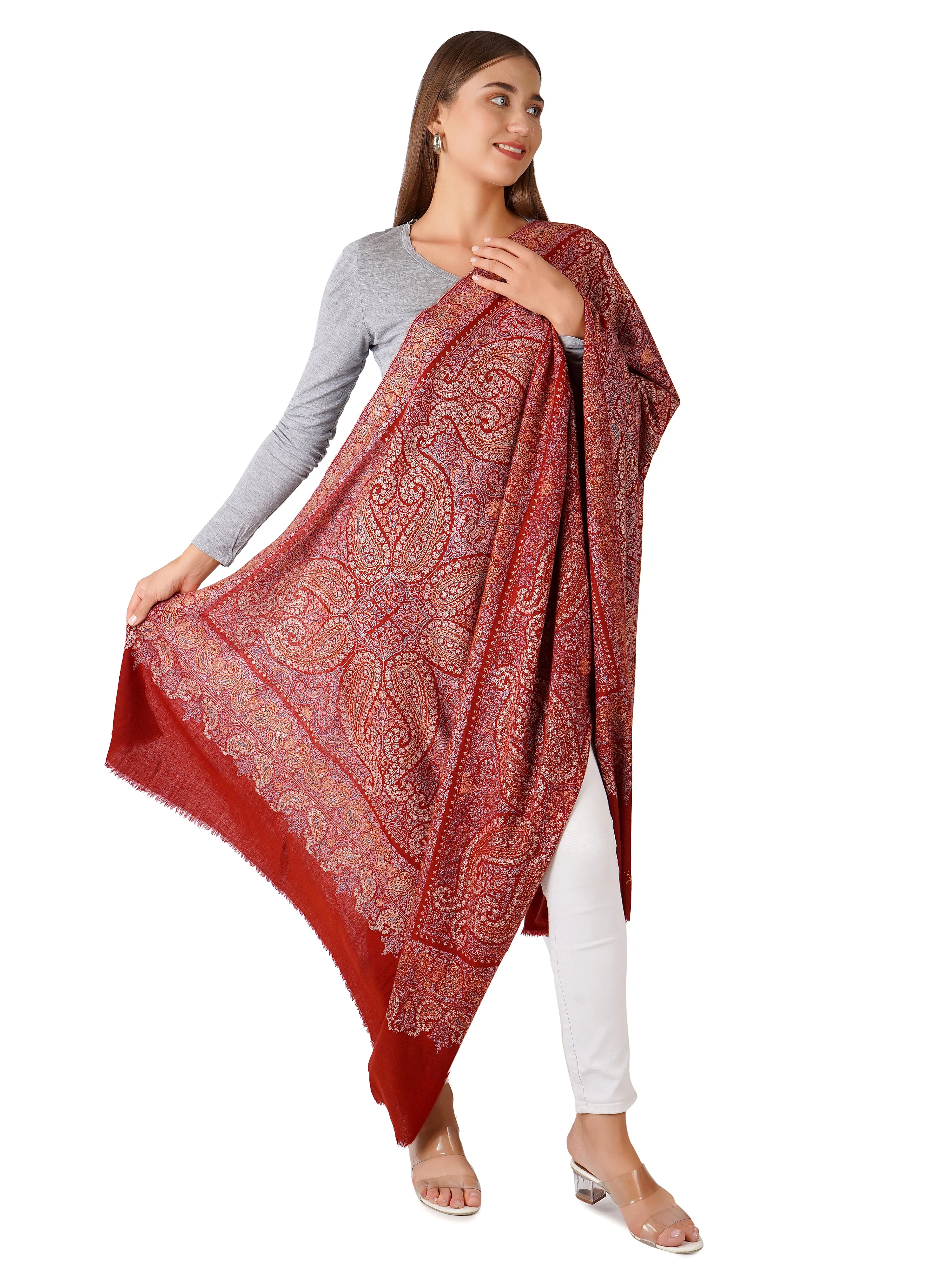 Luxurious Maroon Pashmina Shawl with Multicolour Embroidery