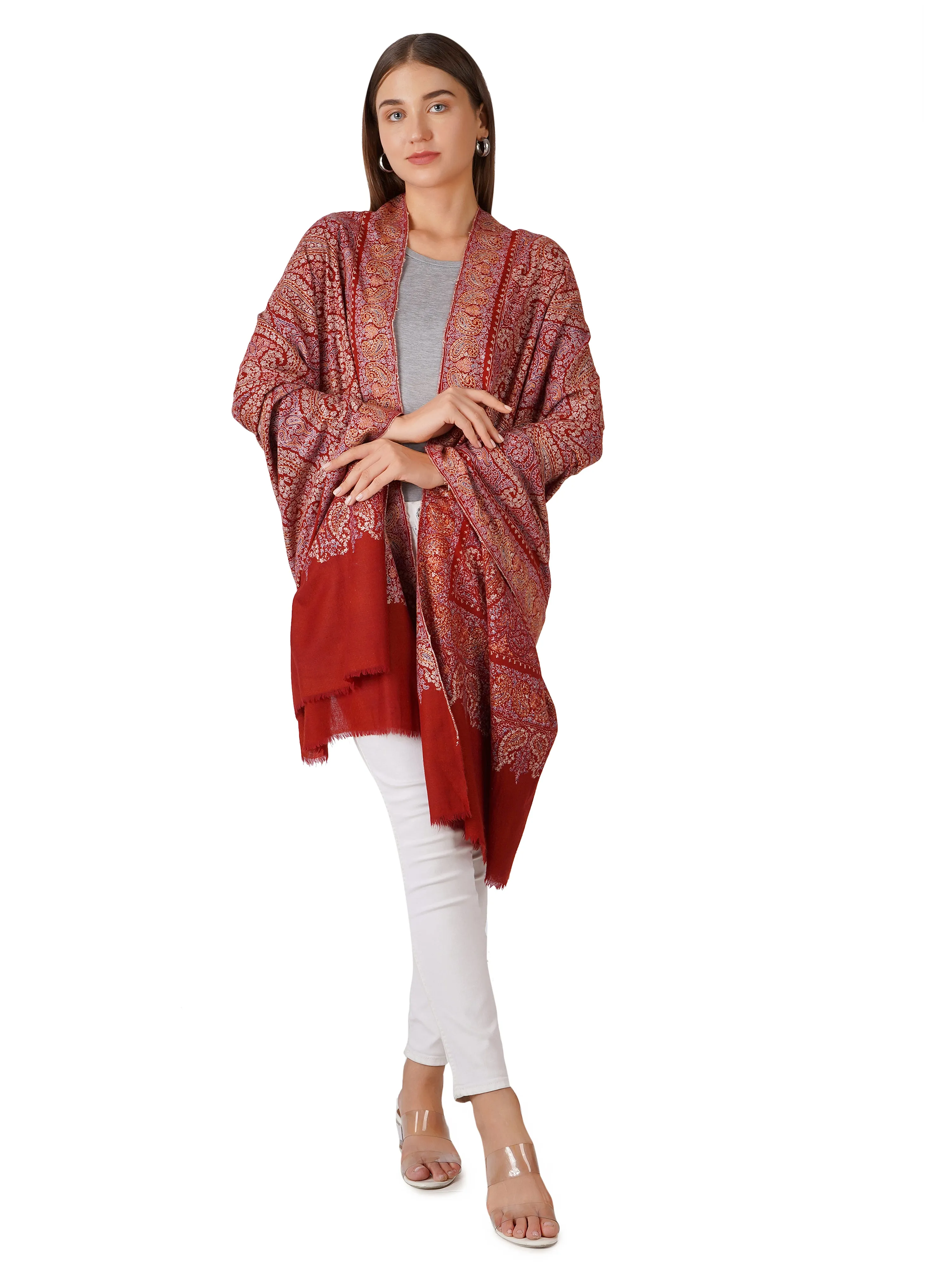 Luxurious Maroon Pashmina Shawl with Multicolour Embroidery