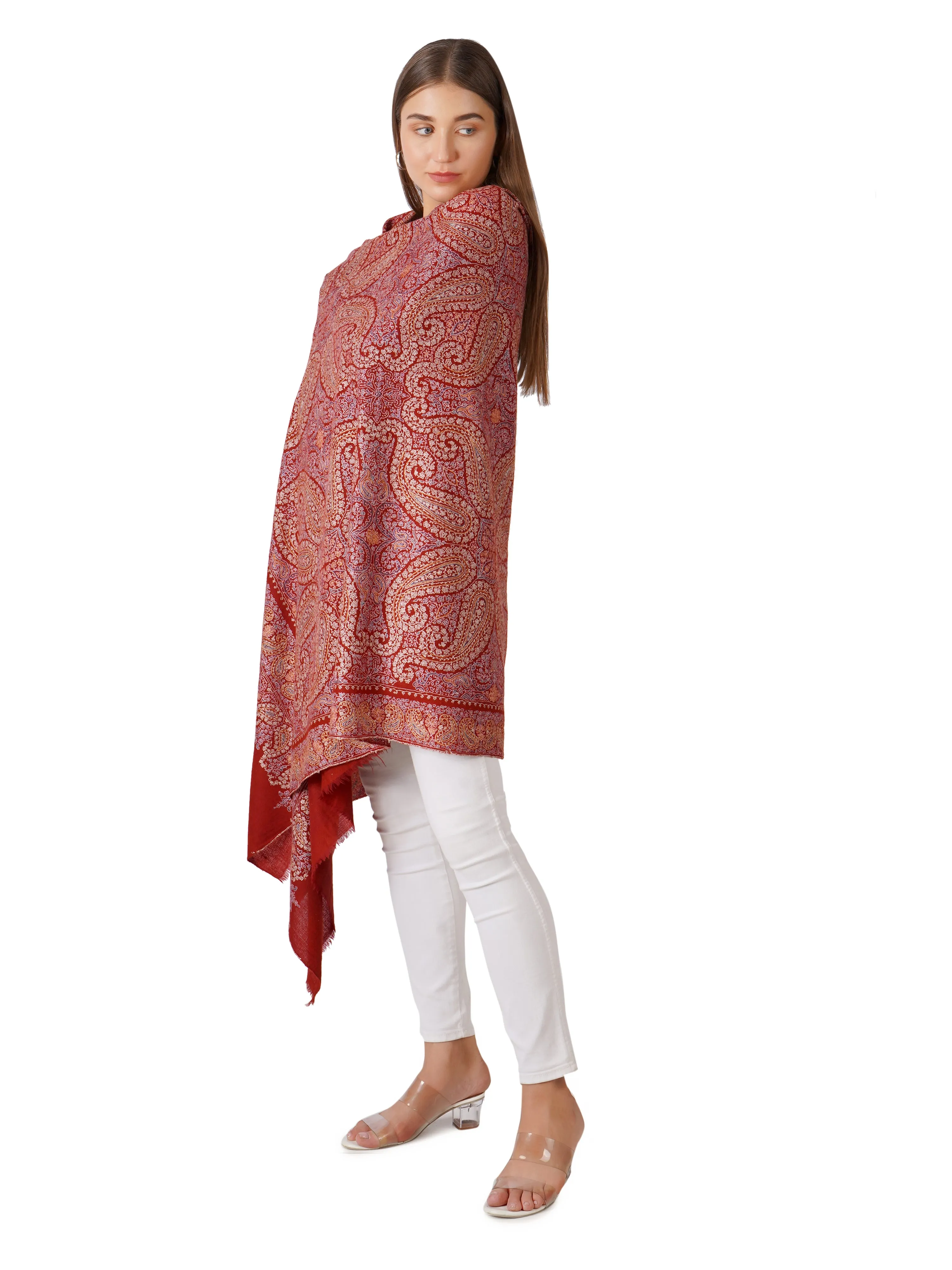 Luxurious Maroon Pashmina Shawl with Multicolour Embroidery