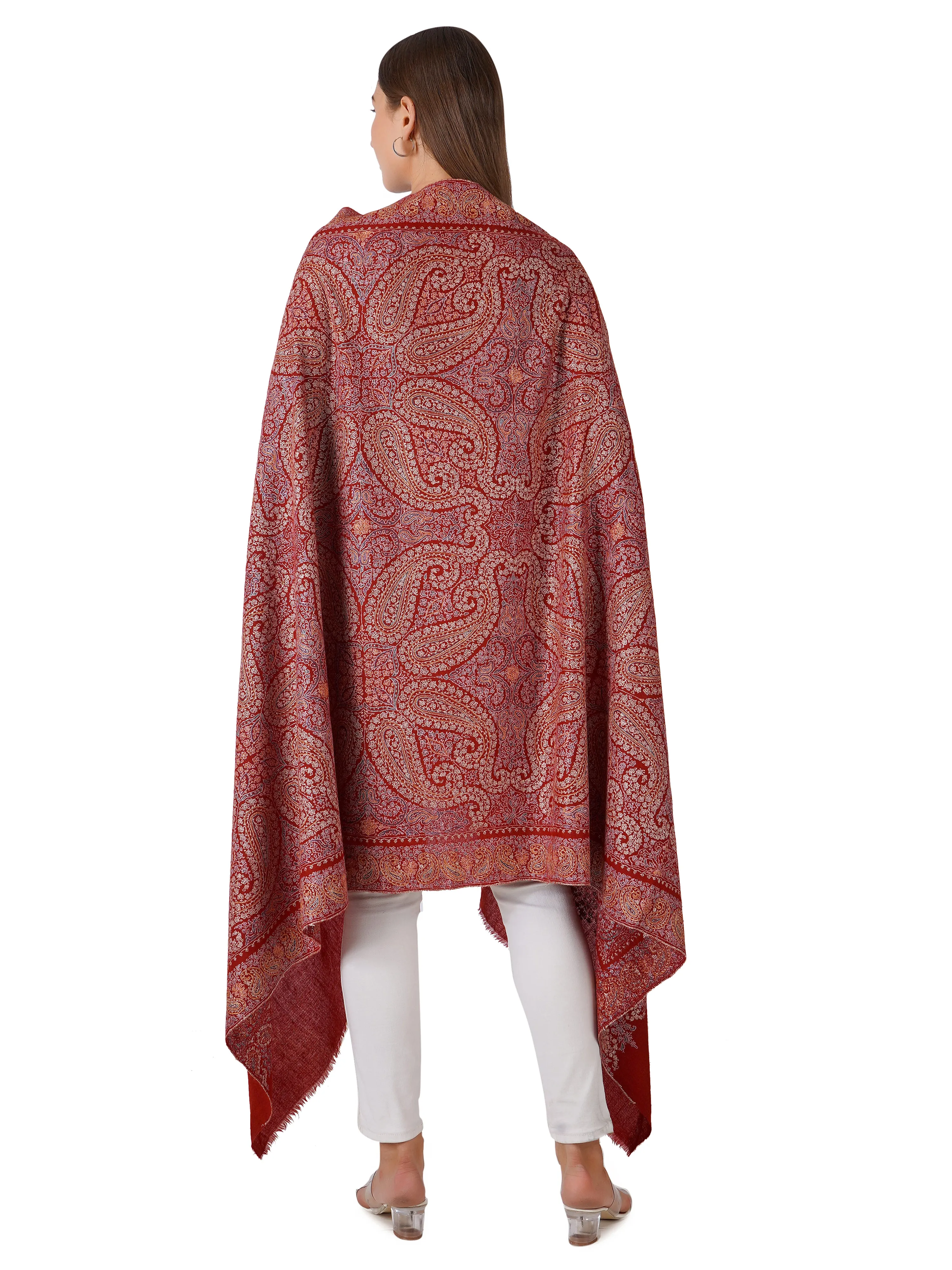 Luxurious Maroon Pashmina Shawl with Multicolour Embroidery
