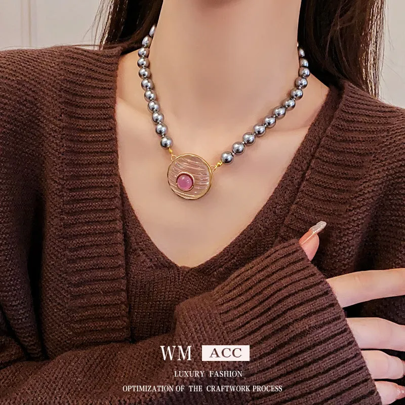 Luxurious Round Ellipse Geometric Artificial Pearl Electroplating Necklaces