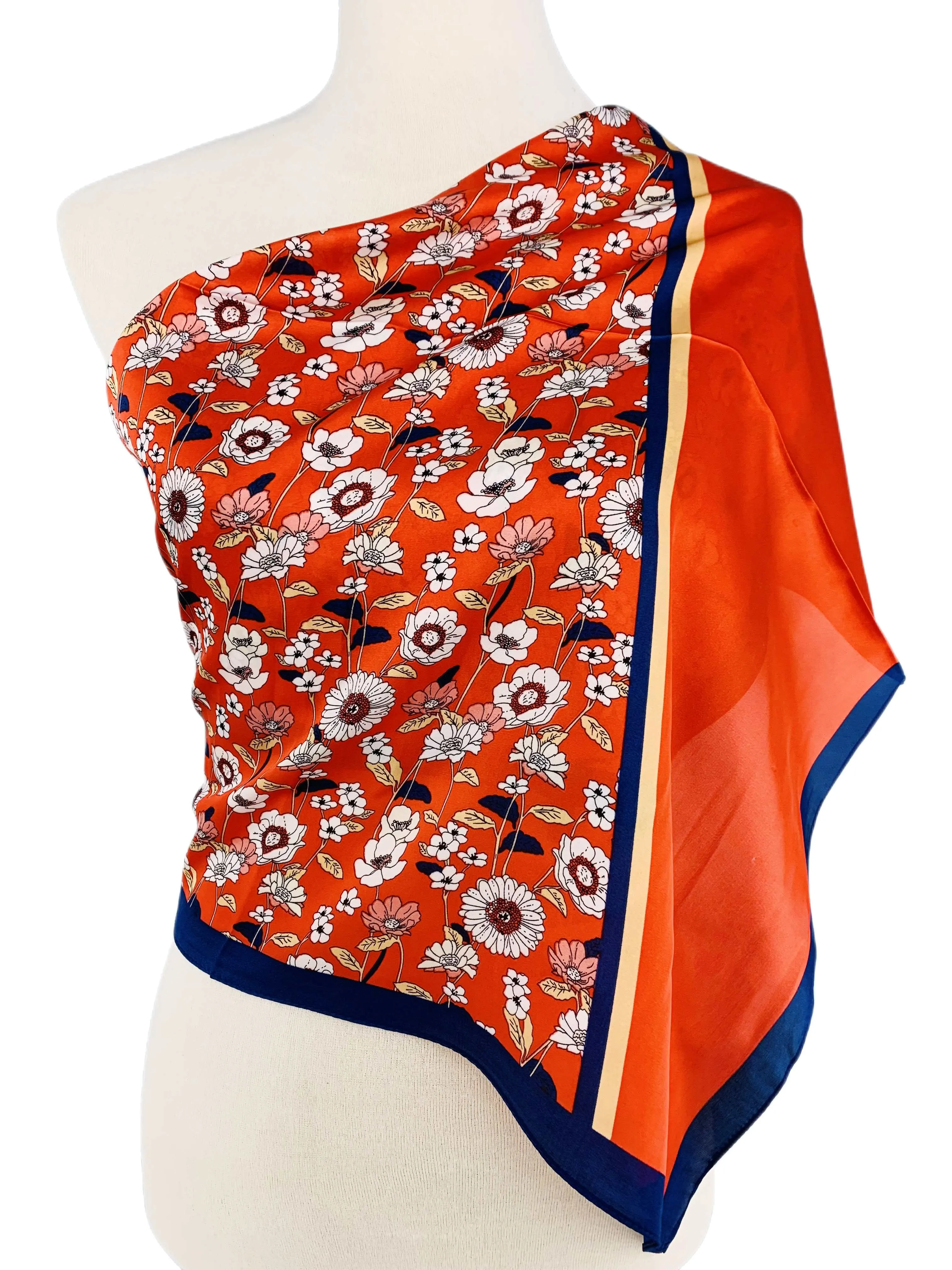 Luxurious Silk-Feel Square Scarf--Daisy & More-Red