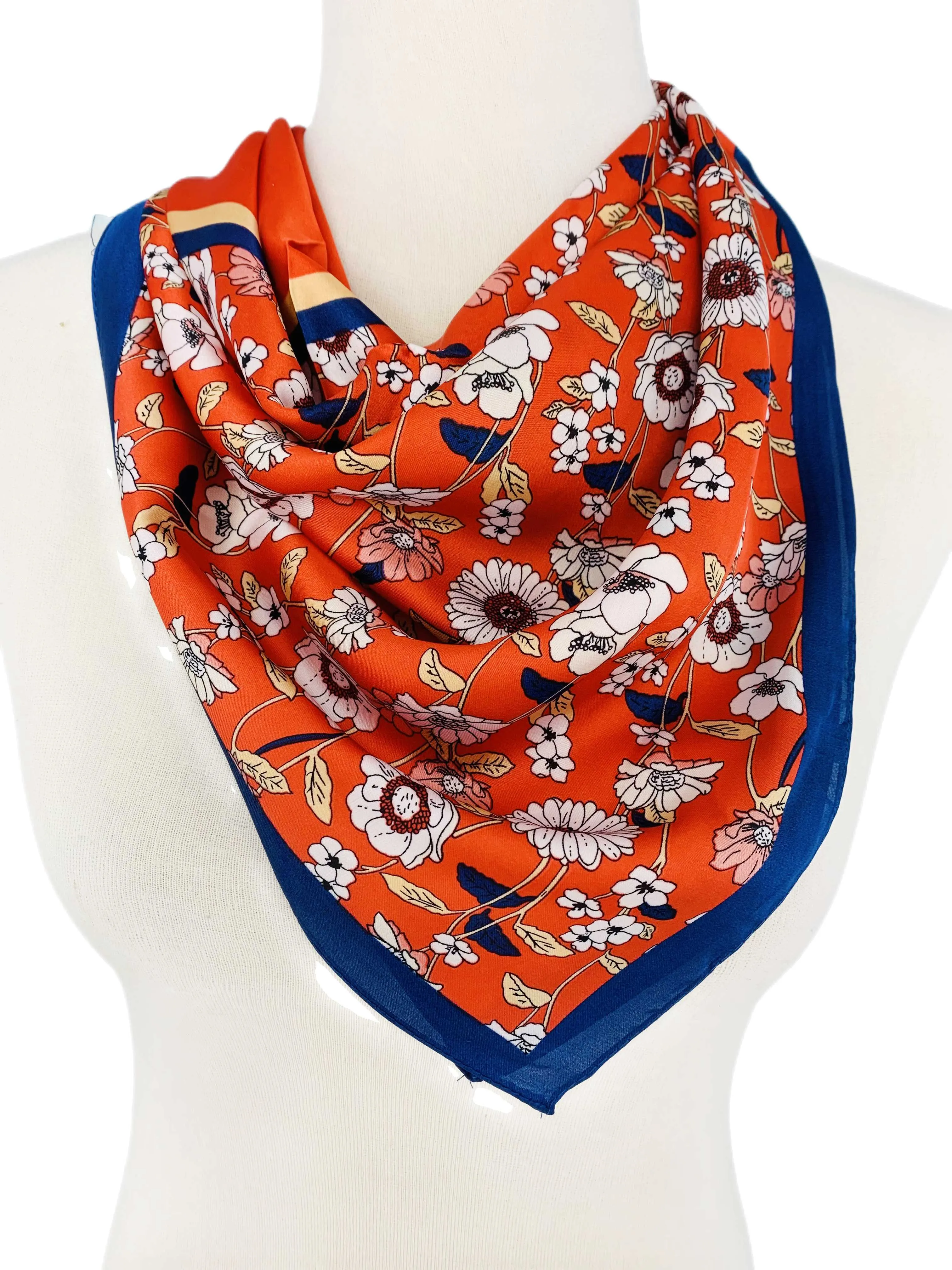 Luxurious Silk-Feel Square Scarf--Daisy & More-Red