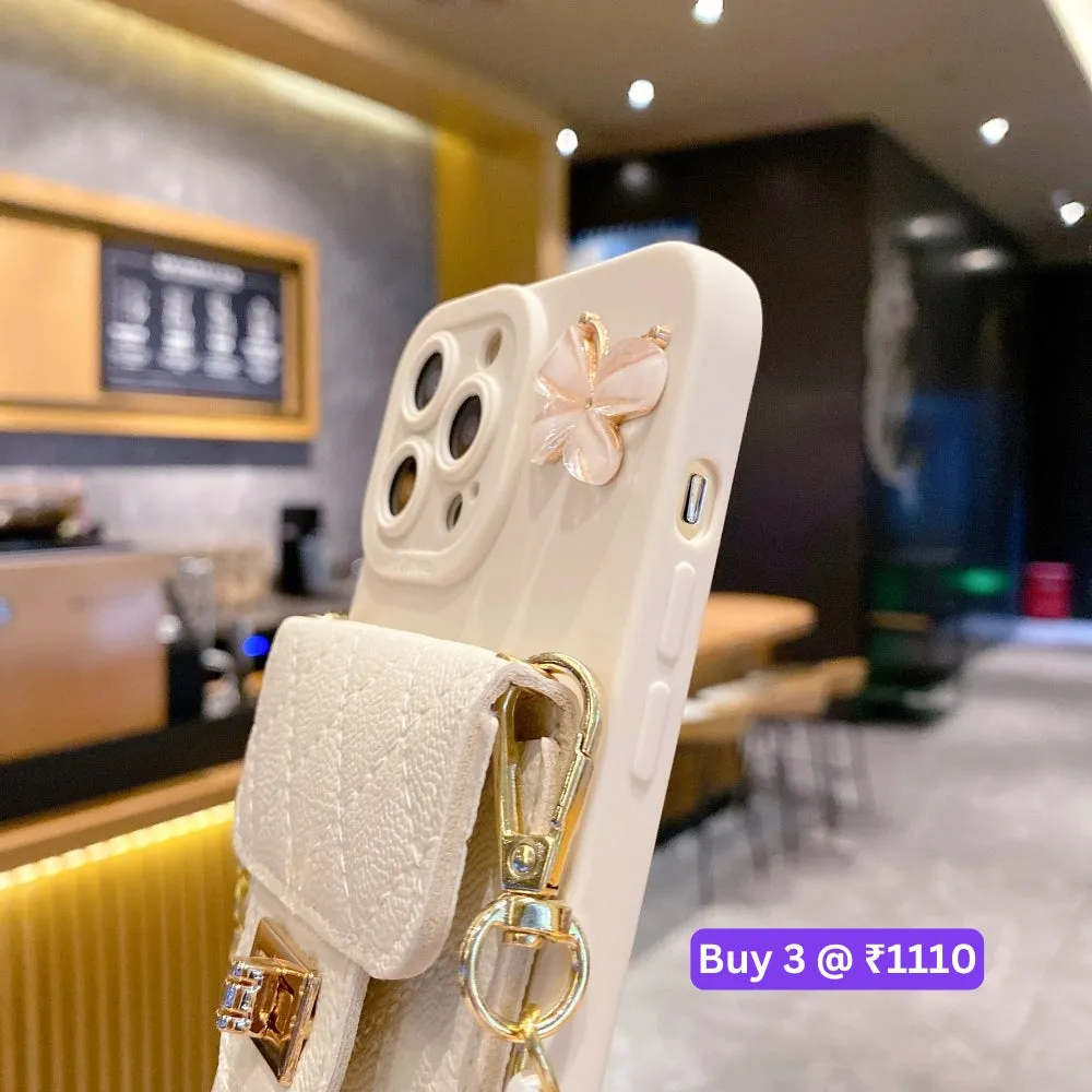 Luxury PU Leather Wallet Silicone Phone Case with Crossbody Chain Card Slot Bag - iPhone 15 Pro
