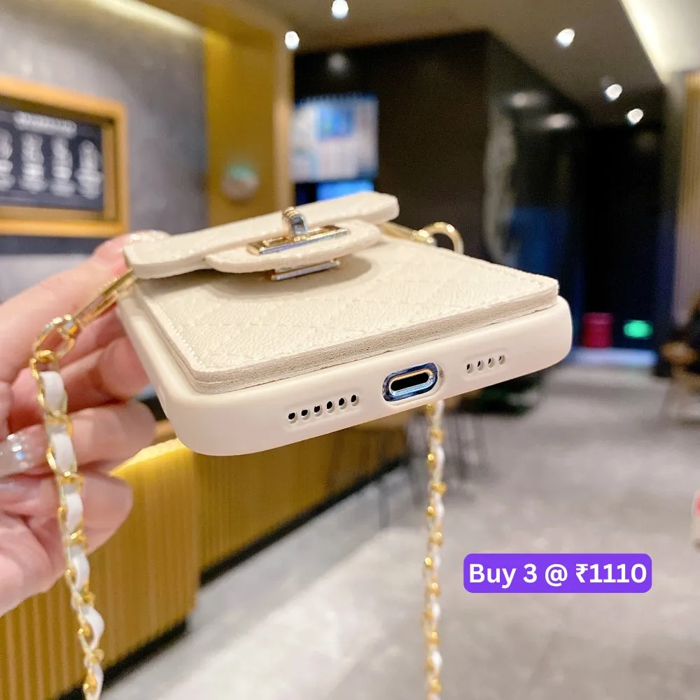 Luxury PU Leather Wallet Silicone Phone Case with Crossbody Chain Card Slot Bag - iPhone 15 Pro