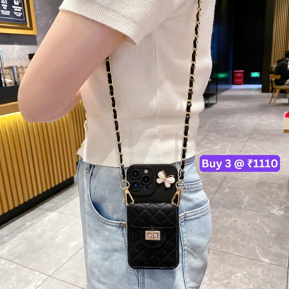 Luxury PU Leather Wallet Silicone Phone Case with Crossbody Chain Card Slot Bag - iPhone 15 Pro